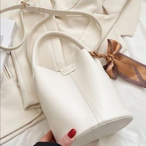 White Faux Leather Top Handle Bucket Bag